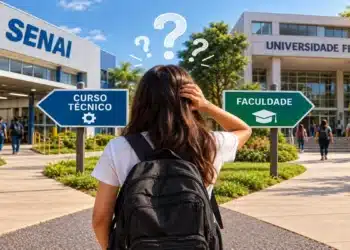 Jovem de mochila observa placas “Curso Técnico” e “Faculdade” diante do SENAI e universidade federal, simbolizando a dúvida entre cursos técnicos e faculdade.