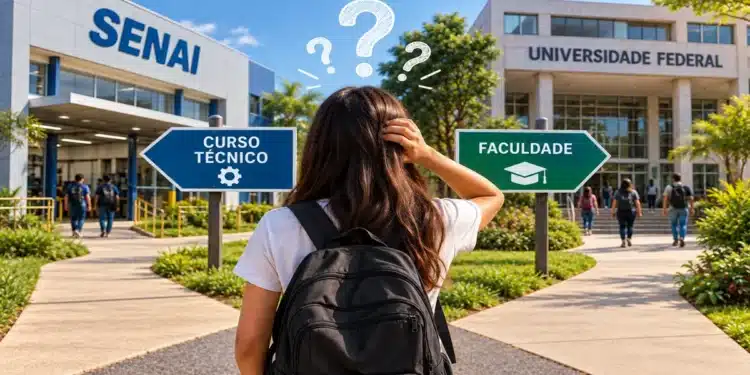 Jovem de mochila observa placas “Curso Técnico” e “Faculdade” diante do SENAI e universidade federal, simbolizando a dúvida entre cursos técnicos e faculdade.