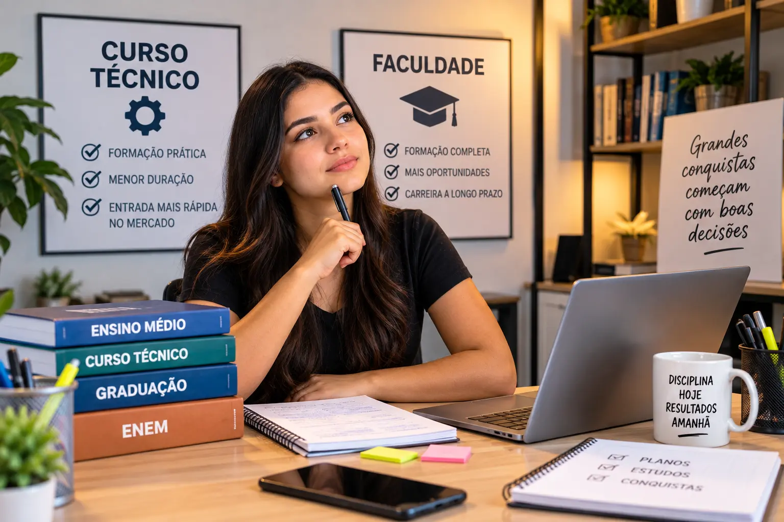 Jovem mulher refletindo na mesa com livros do ensino médio, curso técnico, graduação e ENEM, cercada por cartazes motivacionais, simbolizando a escolha entre curso técnico e faculdade.