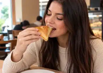 Mulher comendo esfirra em padaria aconchegante.