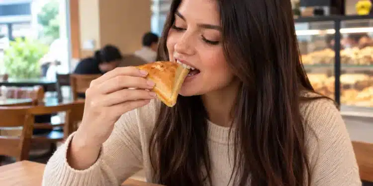 Mulher comendo esfirra em padaria aconchegante.