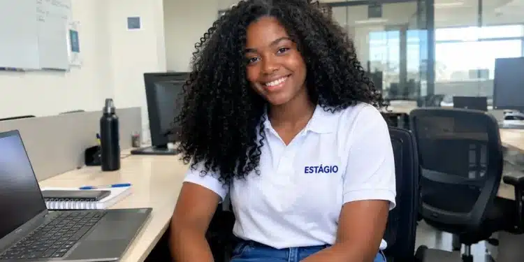 Jovem sorridente com cabelo preto, camiseta branca e calça jeans em ambiente de escritório.