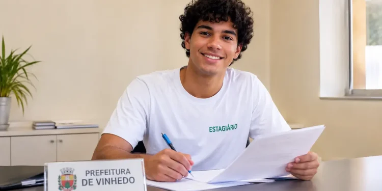 Jovem estagiário sorrindo com documentos na Prefeitura de Vinhedo.