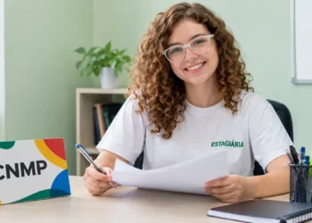 Estagiária de blusa branca e óculos, sorrindo enquanto segura documentos em uma mesa com placa do CNMP.
