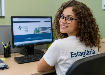 Estagiária sorrindo em escritório, com computador exibindo o site do TRF2 ao fundo.