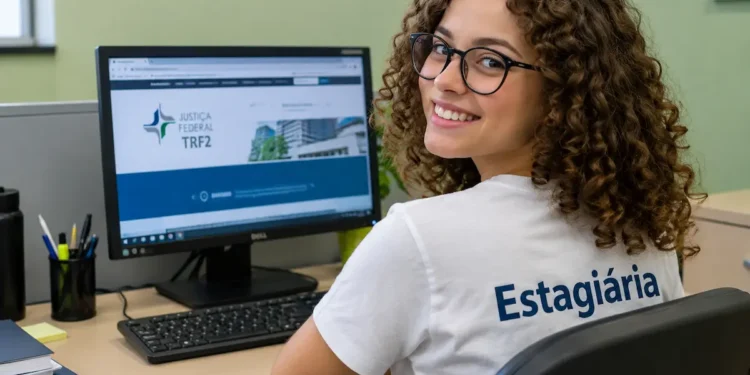 Estagiária sorrindo em escritório, com computador exibindo o site do TRF2 ao fundo.