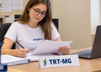Jovem estagiária trabalha com documentos em uma mesa no TRT-MG.