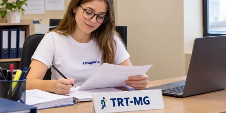 Jovem estagiária trabalha com documentos em uma mesa no TRT-MG.