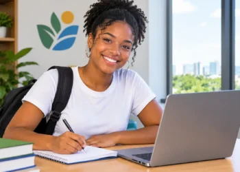 Estudante universitária negra estudando com laptop em ambiente moderno.