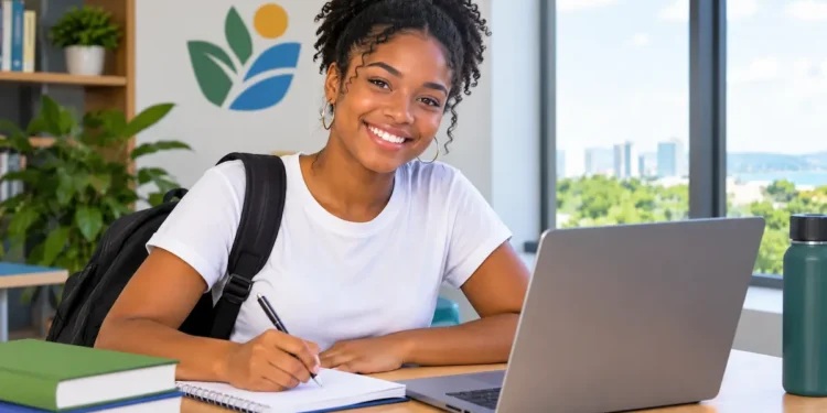 Estudante universitária negra estudando com laptop em ambiente moderno.