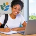 Estudante universitária negra estudando com laptop em ambiente moderno.
