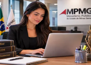 Mulher digitando em laptop no escritório do MPMG com livros de Direito e estátua da Justiça, simbolizando o estágio no MPMG.