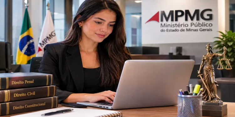 Mulher digitando em laptop no escritório do MPMG com livros de Direito e estátua da Justiça, simbolizando o estágio no MPMG.