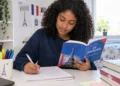 Adolescente negra de cabelos cacheados estuda francês em um quarto claro, segurando um livro e fazendo anotações em um caderno..