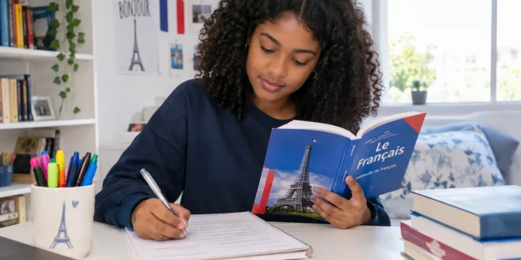 Adolescente negra de cabelos cacheados estuda francês em um quarto claro, segurando um livro e fazendo anotações em um caderno..