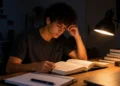 Jovem estudando à noite focado em livro aberto sob luz de abajur.
