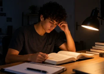 Jovem estudando à noite focado em livro aberto sob luz de abajur.