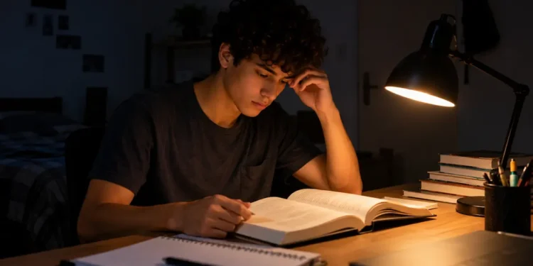 Jovem estudando à noite focado em livro aberto sob luz de abajur.