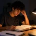 Jovem estudando à noite focado em livro aberto sob luz de abajur.