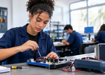 Estudante de curso técnico utiliza uma chave de precisão para trabalhar em uma placa eletrônica em laboratório, simbolizando os critérios que o novo sistema nacional usará para avaliar a qualidade dos cursos.