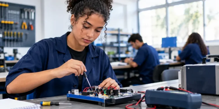 Estudante de curso técnico utiliza uma chave de precisão para trabalhar em uma placa eletrônica em laboratório.