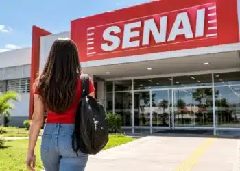 Jovem se dirige a uma unidade do SENAI, instituição que oferece cursos técnicos gratuitos e oportunidades de formação profissional.