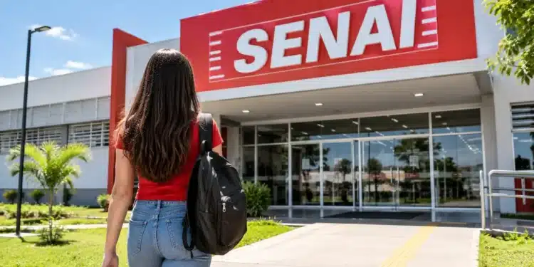 Jovem se dirige a uma unidade do SENAI, instituição que oferece cursos técnicos gratuitos e oportunidades de formação profissional.