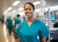 Profissional de saúde sorridente em ambiente hospitalar destaca diversidade e acolhimento.