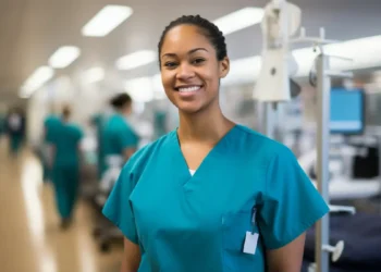 Profissional de saúde sorridente em ambiente hospitalar destaca diversidade e acolhimento.