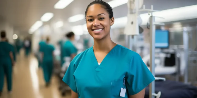 Profissional de saúde sorridente em ambiente hospitalar destaca diversidade e acolhimento.