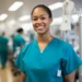 Profissional de saúde sorridente em ambiente hospitalar destaca diversidade e acolhimento.