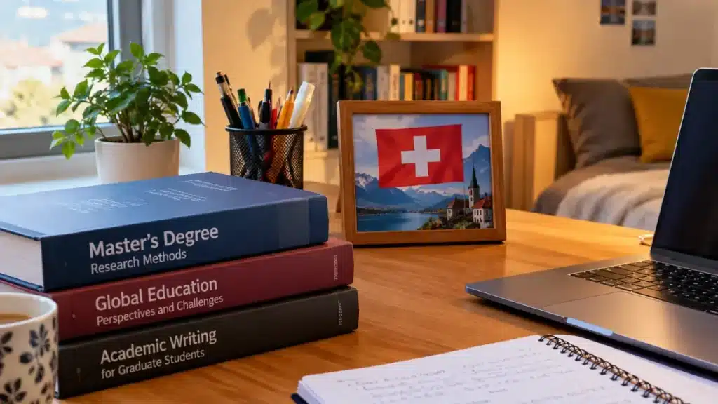 Mesa de estudos iluminada com livros acadêmicos e bandeira da Suíça em um quarto aconchegante.