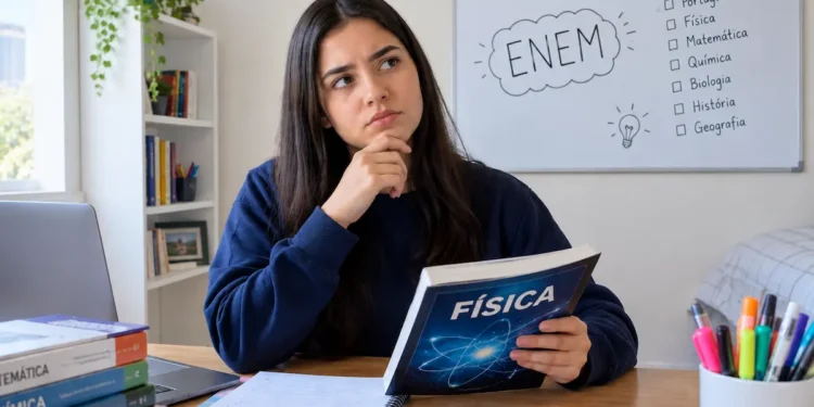 Estudante pensativa com livro de Física em quarto de estudos.