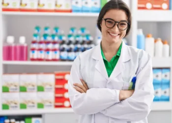 Farmacêutica sorridente em farmácia moderna com jaleco branco.