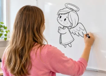 Jovem desenha um anjo no quadro branco em ambiente claro.