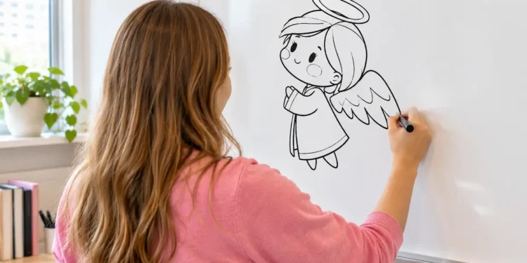 Jovem desenha um anjo no quadro branco em ambiente claro.