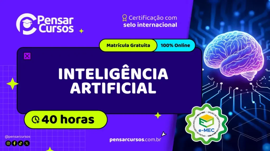 Banner do curso de Inteligência Artificial da Pensar Cursos, com aulas online e 40 horas de duração.