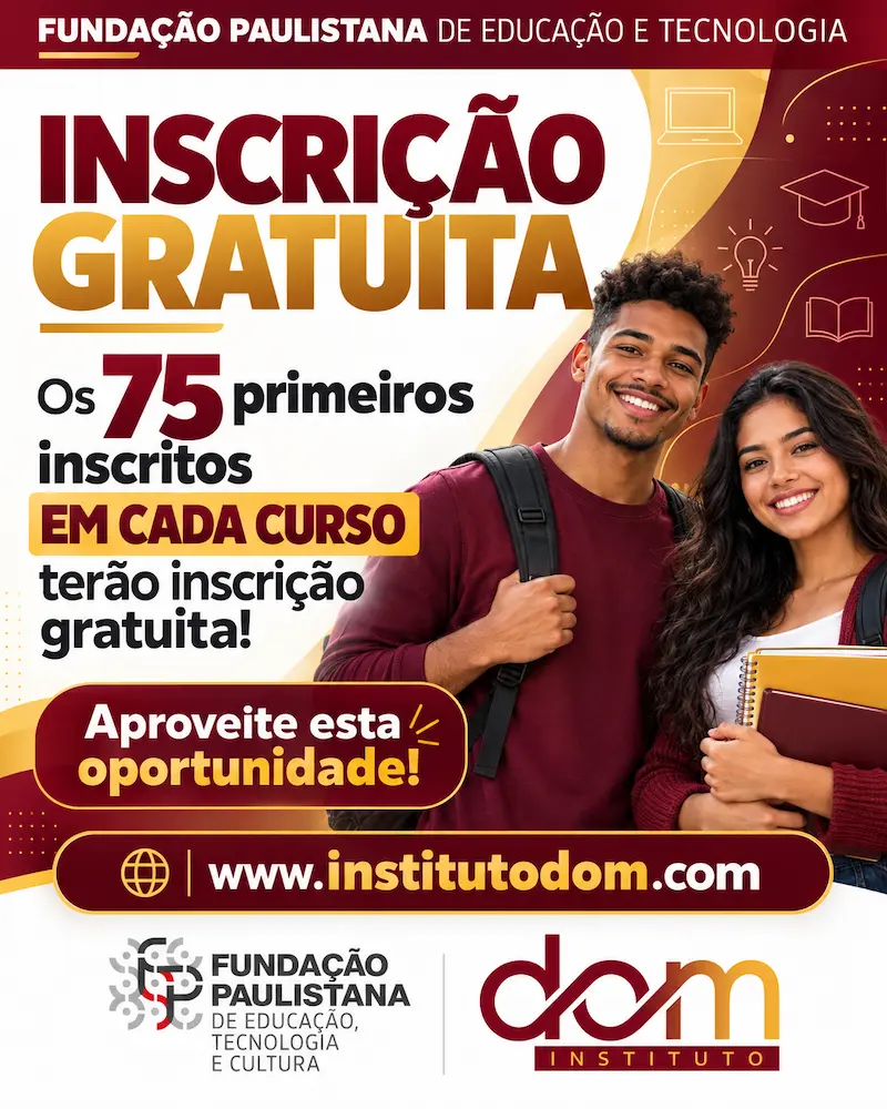 Jovem sorridente e jovem sorridente segurando cadernos com anúncio de inscrição gratuita do Instituto Dom.