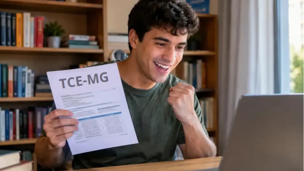 Rapaz sorridente mostra folha com TCE-MG diante de notebook e estante de livros ao fundo.