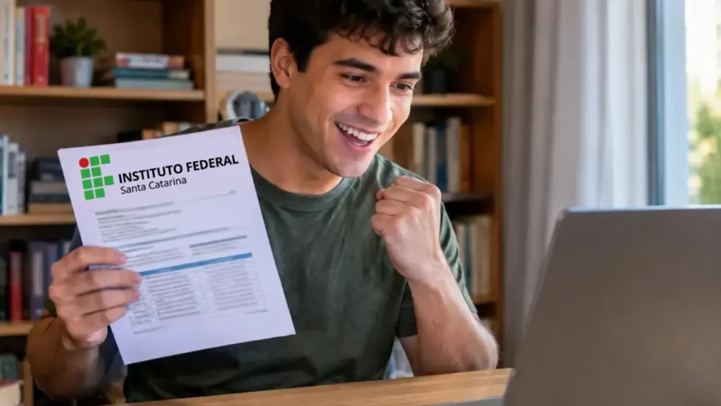 Jovem sorrindo segura folha do Instituto Federal de Santa Catarina em frente ao notebook.