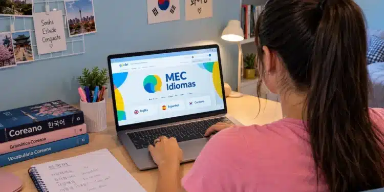 Jovem estuda coreano online pelo MEC Idiomas em seu quarto.