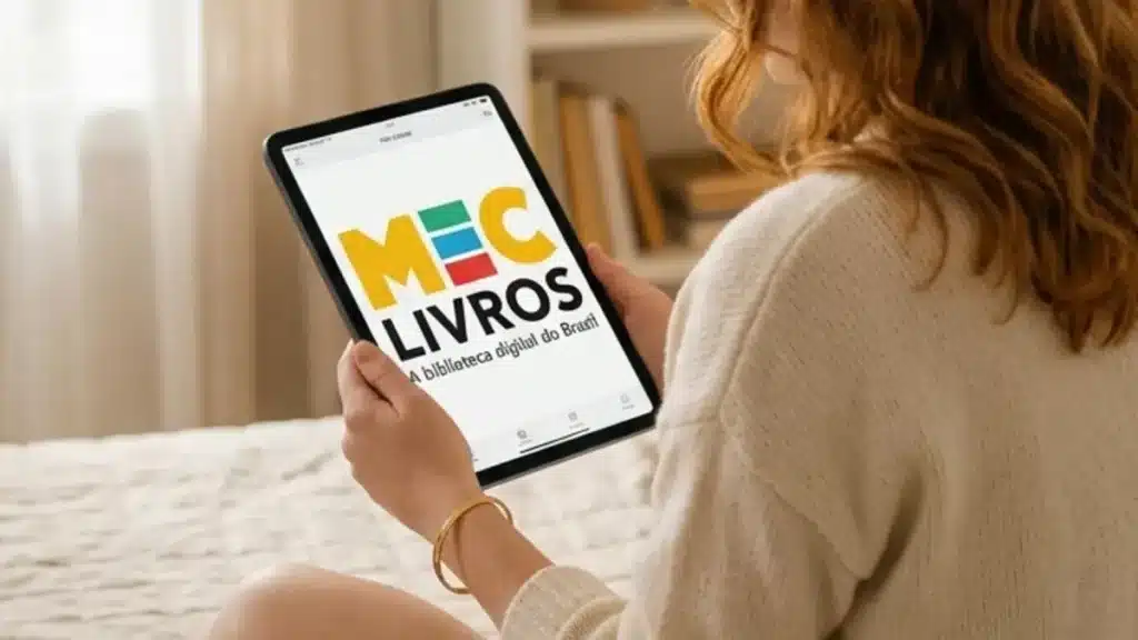 Mulher acessa MEC Livros no tablet em ambiente domiciliar iluminado.