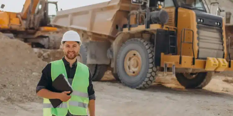 Homem em mineração com equipamentos pesados e caminhão basculante em obra.