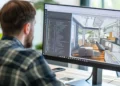 Designer cria projeto de interiores em software de modelagem 3D.