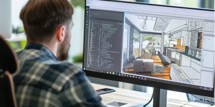 Designer cria projeto de interiores em software de modelagem 3D.