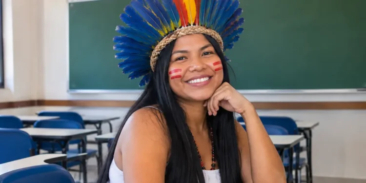 Mulher indígena com cocar de penas e pinturas vermelhas no rosto sentada em uma sala de aula, em referência à pós-graduação indígena.