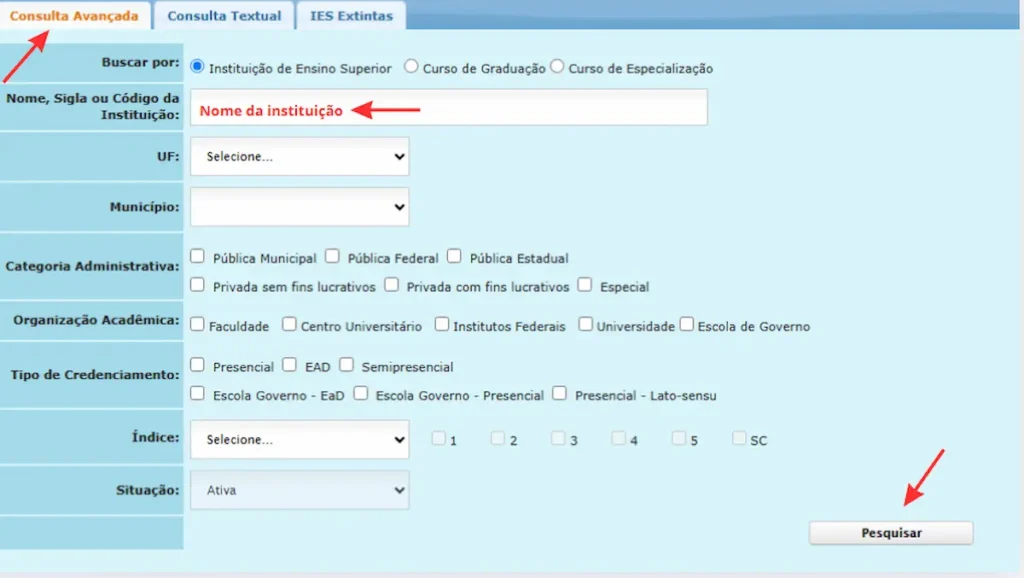 Tela de Consulta Avançada do e-MEC com setas indicando a aba, o campo do nome da instituição e o botão “Pesquisar”.