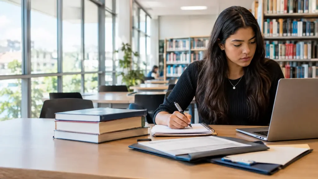Jovem mulher estuda em biblioteca moderna concentrada nos estudos.