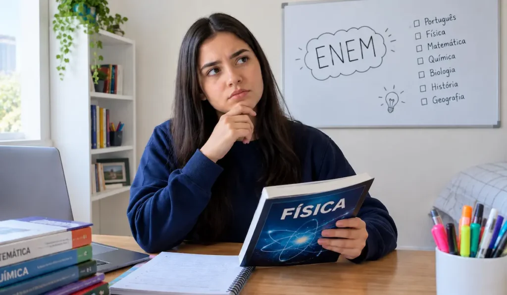 Estudante se prepara para o ENEM analisando livro de Física.