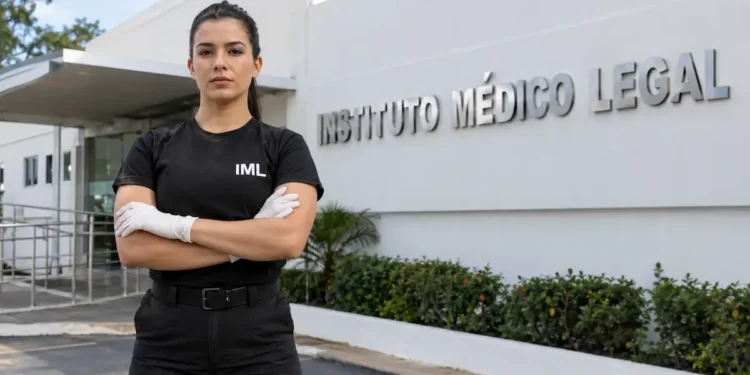 Perita do IML em frente ao Instituto Médico Legal com uniforme oficial.